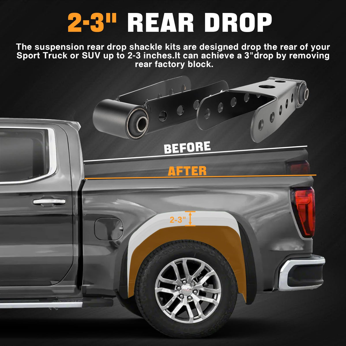 WEILEITE shackle installed on truck rear illustrating leveled stance benefit