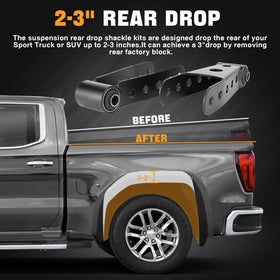 WEILEITE shackle installed on truck rear illustrating leveled stance benefit