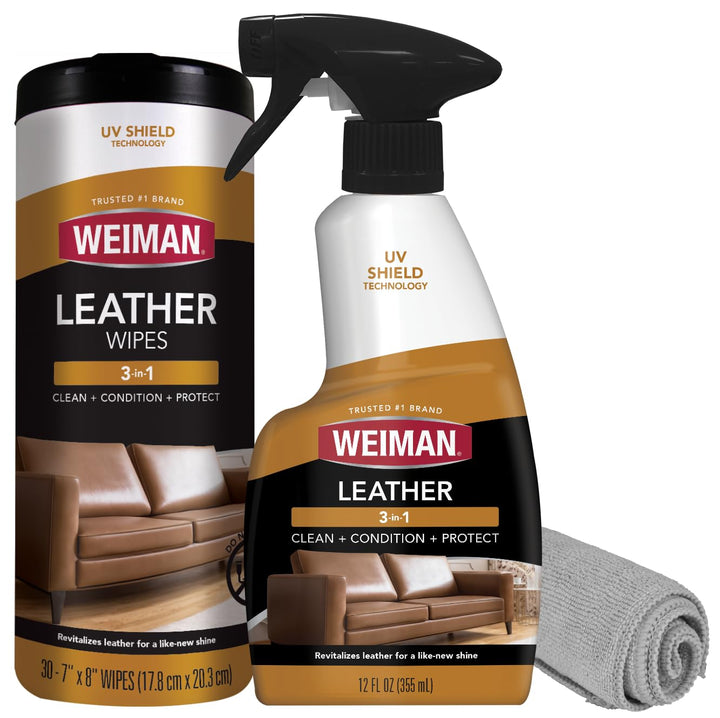 Weiman front packaging showing two-pack and leather care benefits
