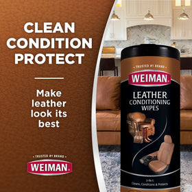 Weiman wipes used on car seat showing improved appearance and UV protection
