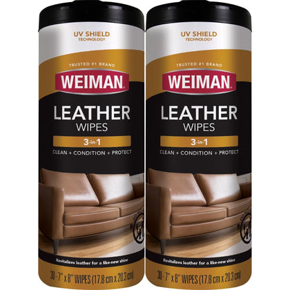 Weiman wipes front packaging showing product and benefit of quick leather care