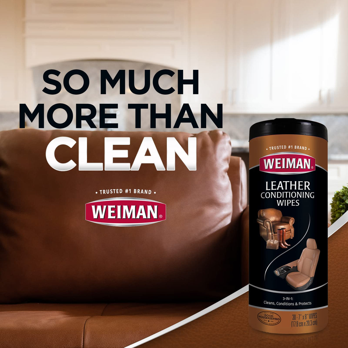 Weiman-treated sofa close-up showing revived leather and smoother finish