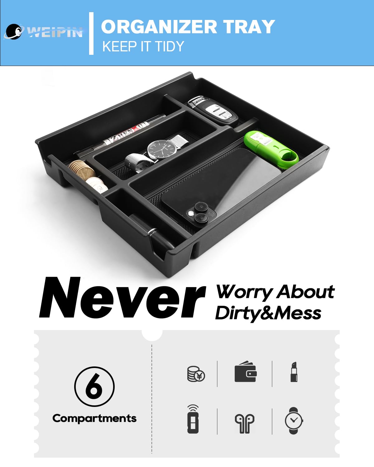 WEIPIN lifted tray showing easy access to lower console space