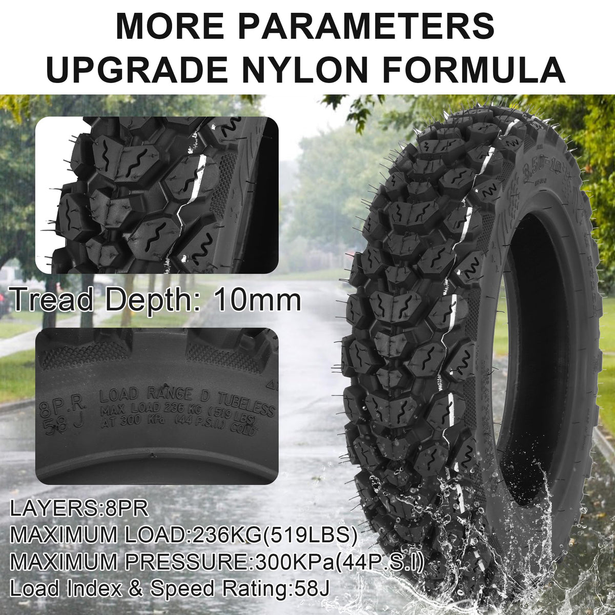 WEIYINGSI tire sidewall showing 3.50-10 size and 8PR marking, confirming fitment