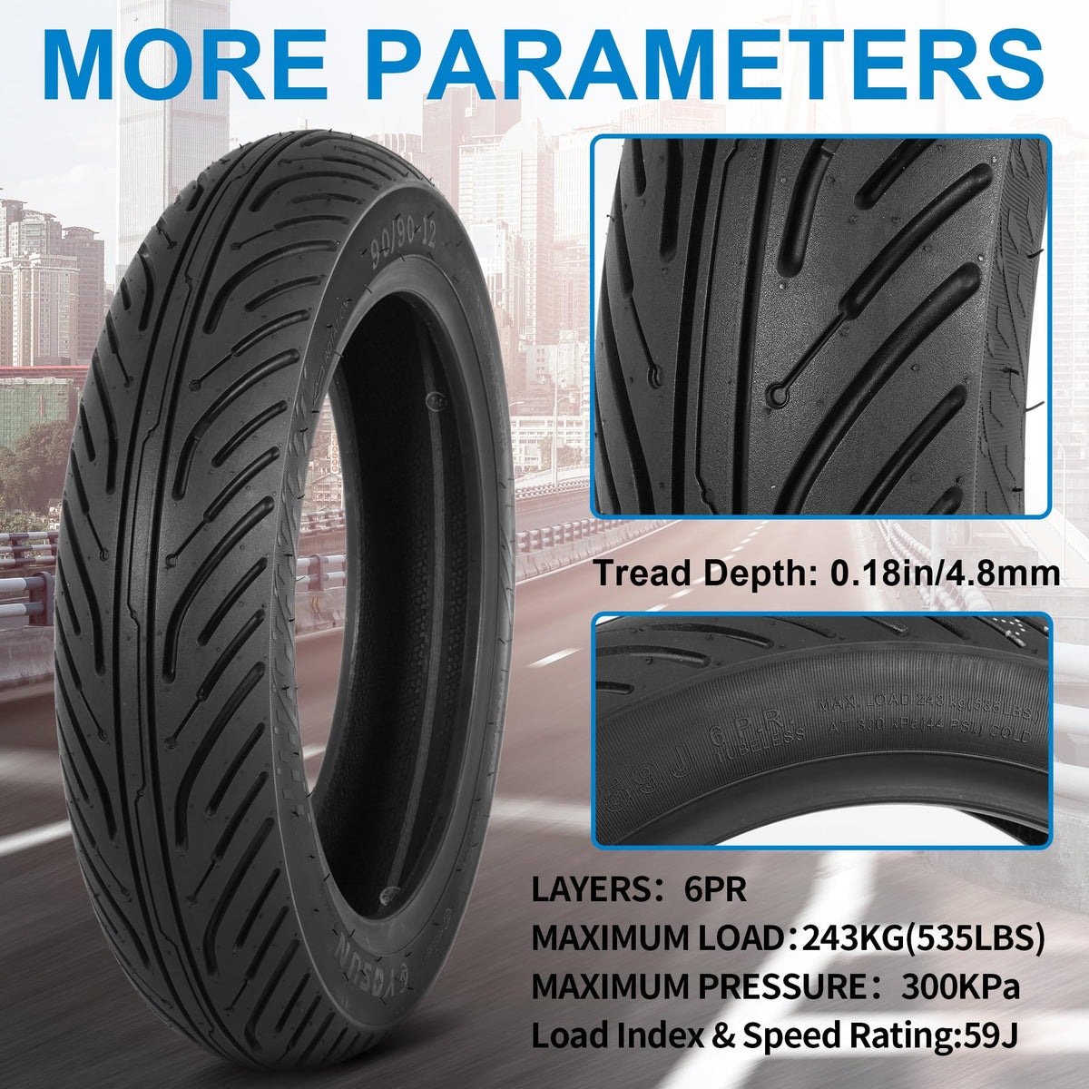WEIYINGSI sidewall showing 90/90-12 marking and load-speed information for correct sizing
