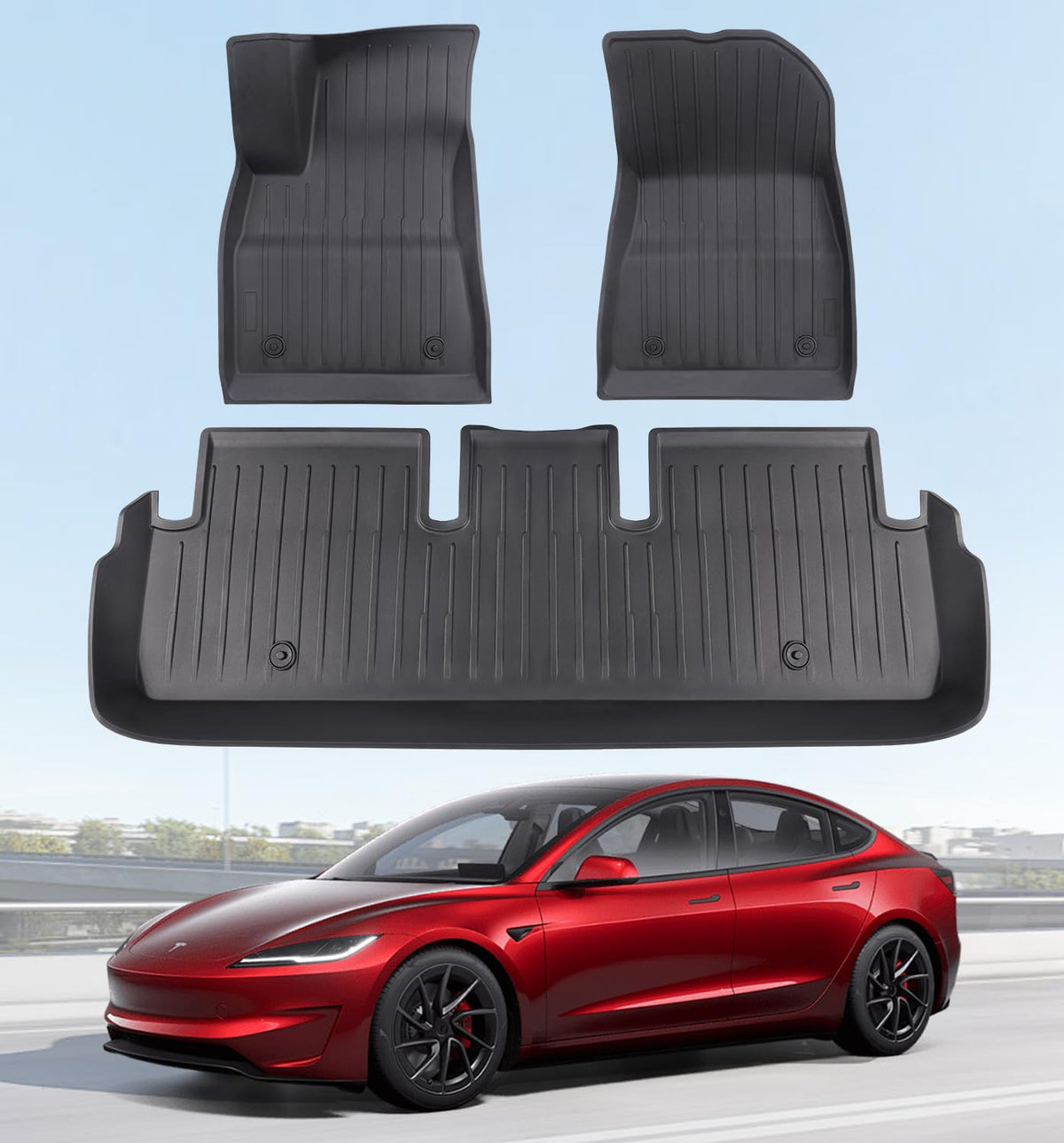 Wekar front row mats fitted in Model 3 Highland showing full coverage and protection