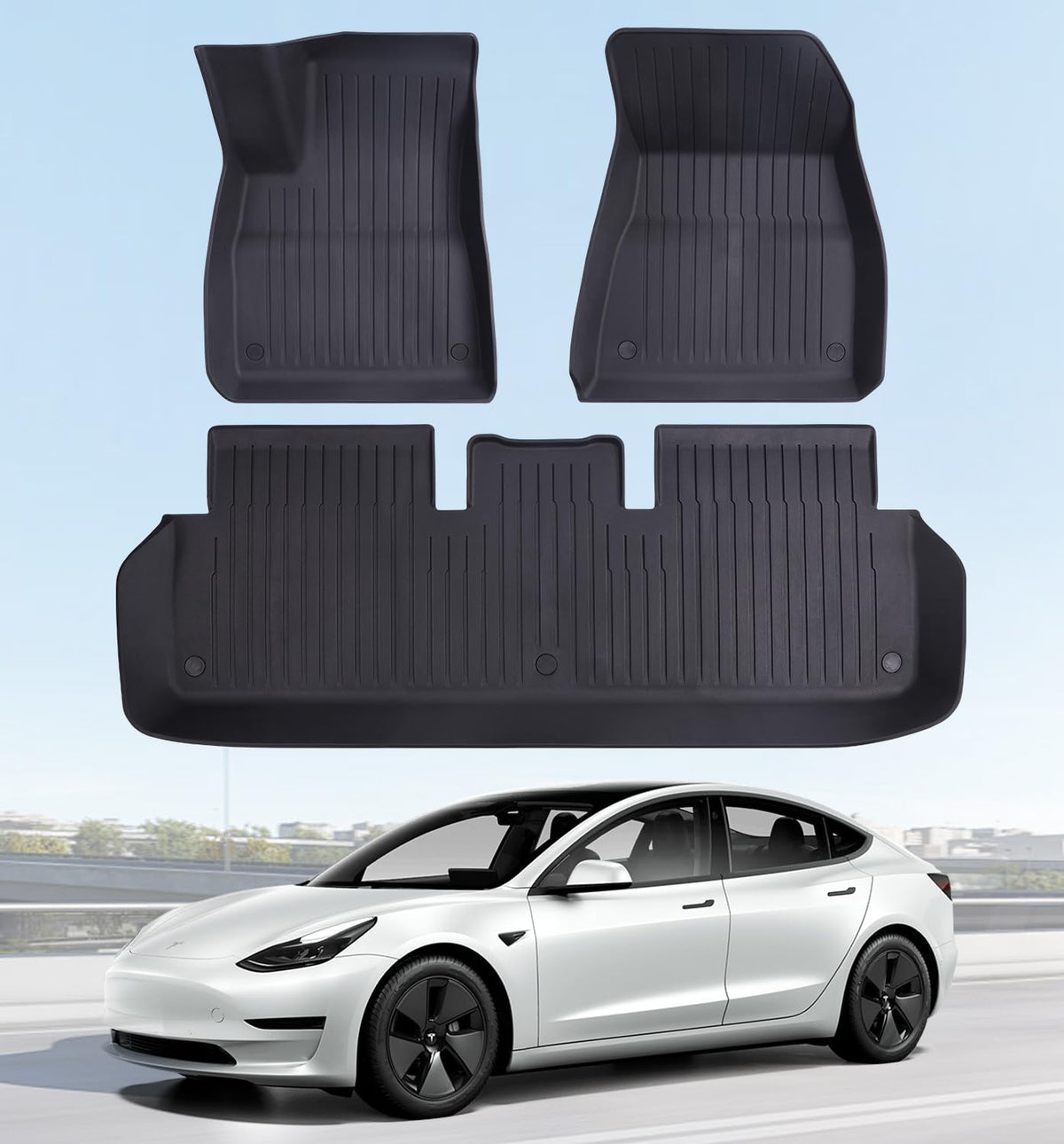 Wekar front view showing full coverage and neat fit for Model 3, protecting carpets