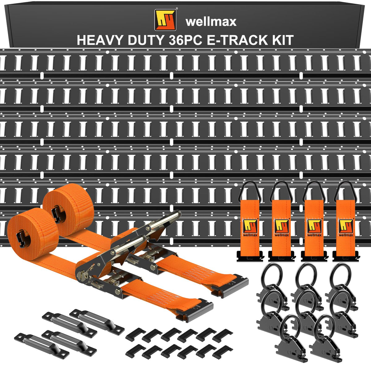 Wellmax front view of six 4ft e-track rails packaged, shows complete kit benefit
