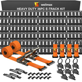 Wellmax front view of six 4ft e-track rails packaged, shows complete kit benefit