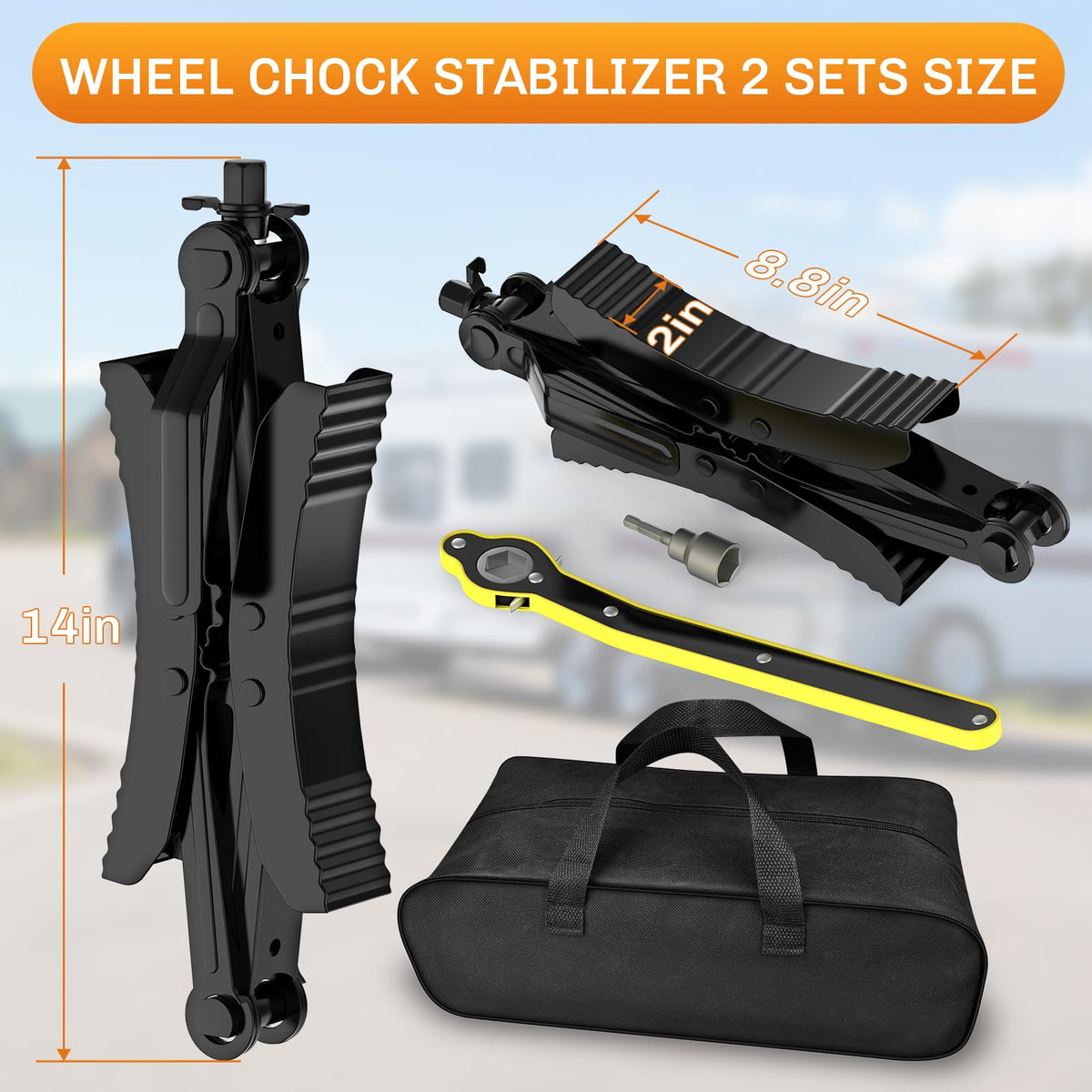WELLUCK chock installed on RV tire demonstrating anti-move stabilization benefit