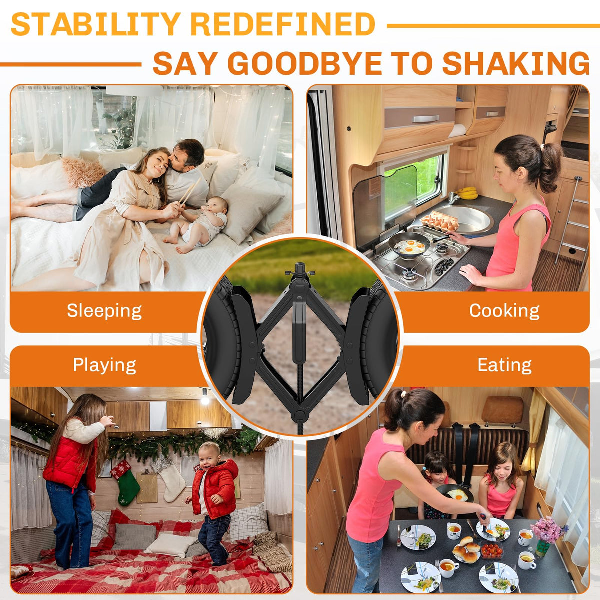 WELLUCK stabilized RV at a campsite highlighting safer, wobble-free parking
