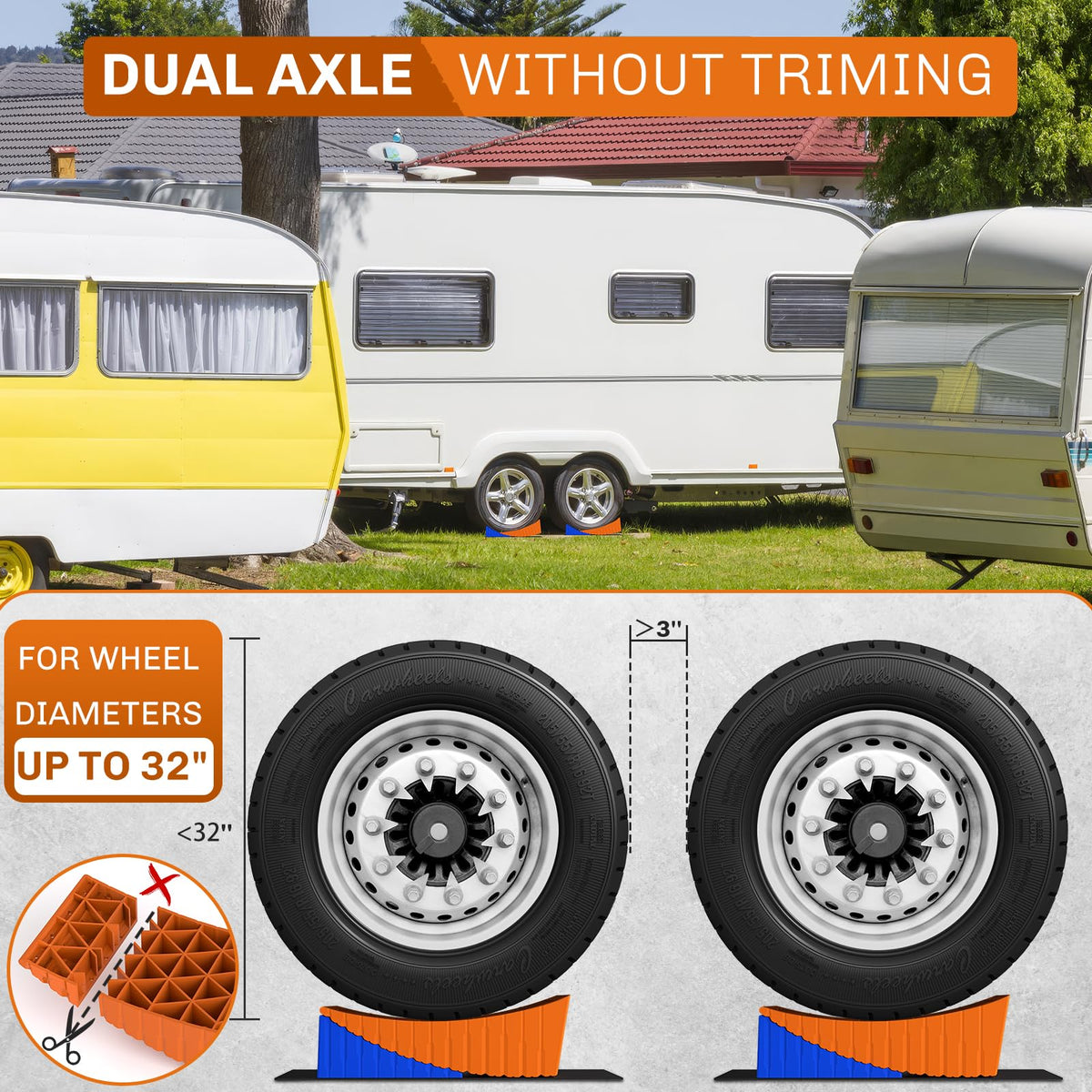 WELLUCK ramp in use with RV wheel demonstrating steady lift and centered tire
