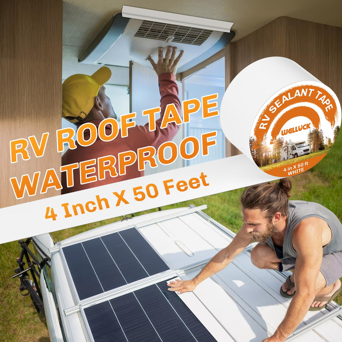 WELLUCK tape applied to an RV roof seam demonstrating waterproof protection