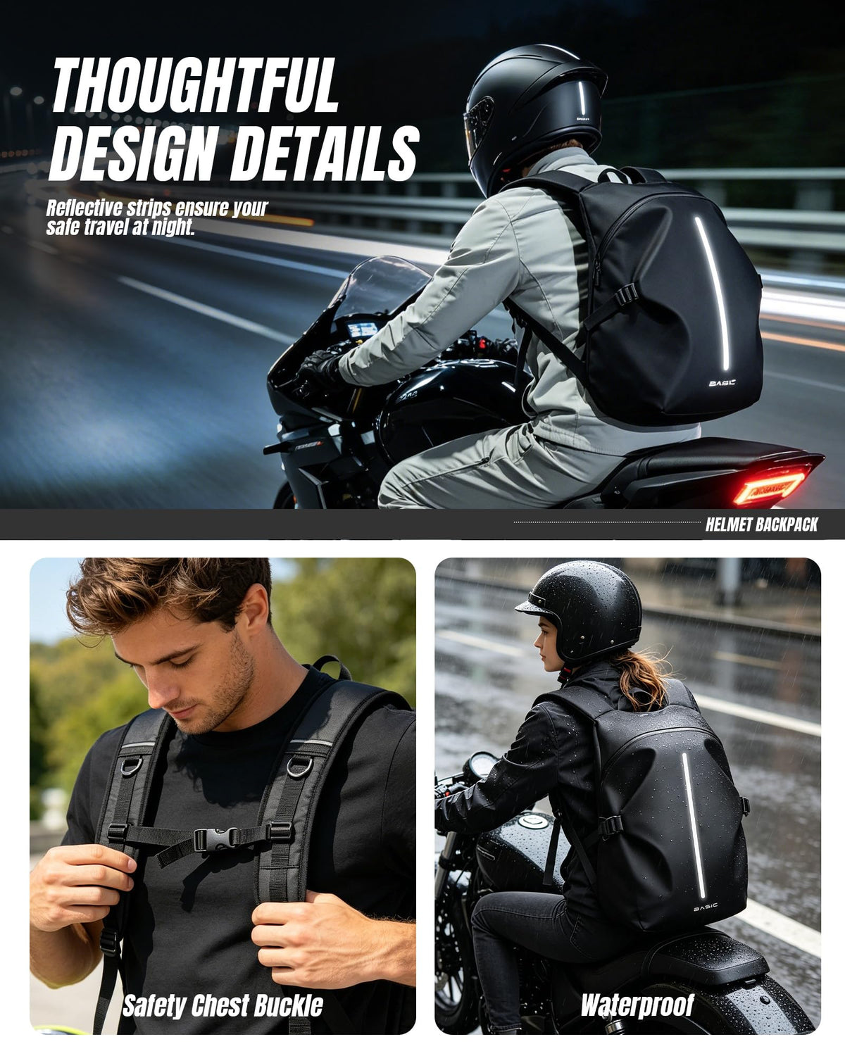 WEPLAN backpack worn on motorcycle demonstrating secure carry while riding benefit