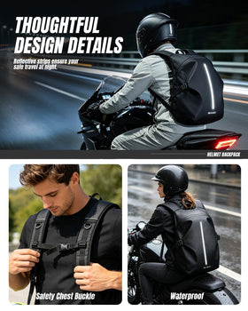 WEPLAN backpack worn on motorcycle demonstrating secure carry while riding benefit