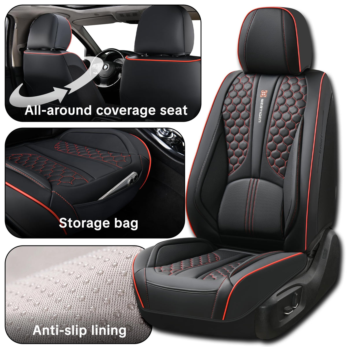 Wertigen headrest and red accent stitching detail adding premium look benefit