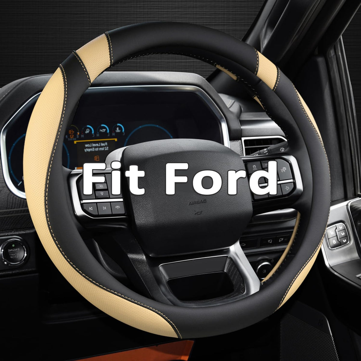 West Llama front view of black and beige steering wheel cover showing fit and style benefit