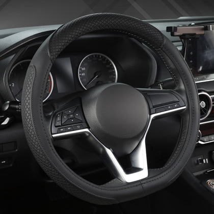 West Llama front view of D-shaped black steering wheel cover for Nissan, sleek protection