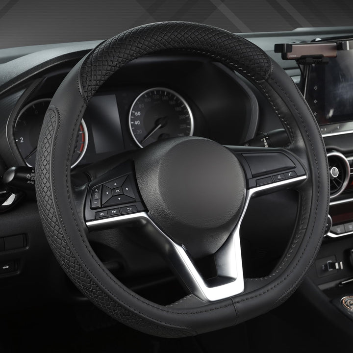 West Llama front view of D-shaped black steering wheel cover for Nissan, sleek protection