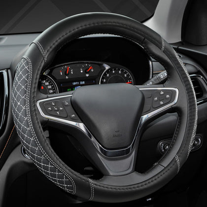 West Llama front packaging showing the steering wheel cover and benefit of tailored fit