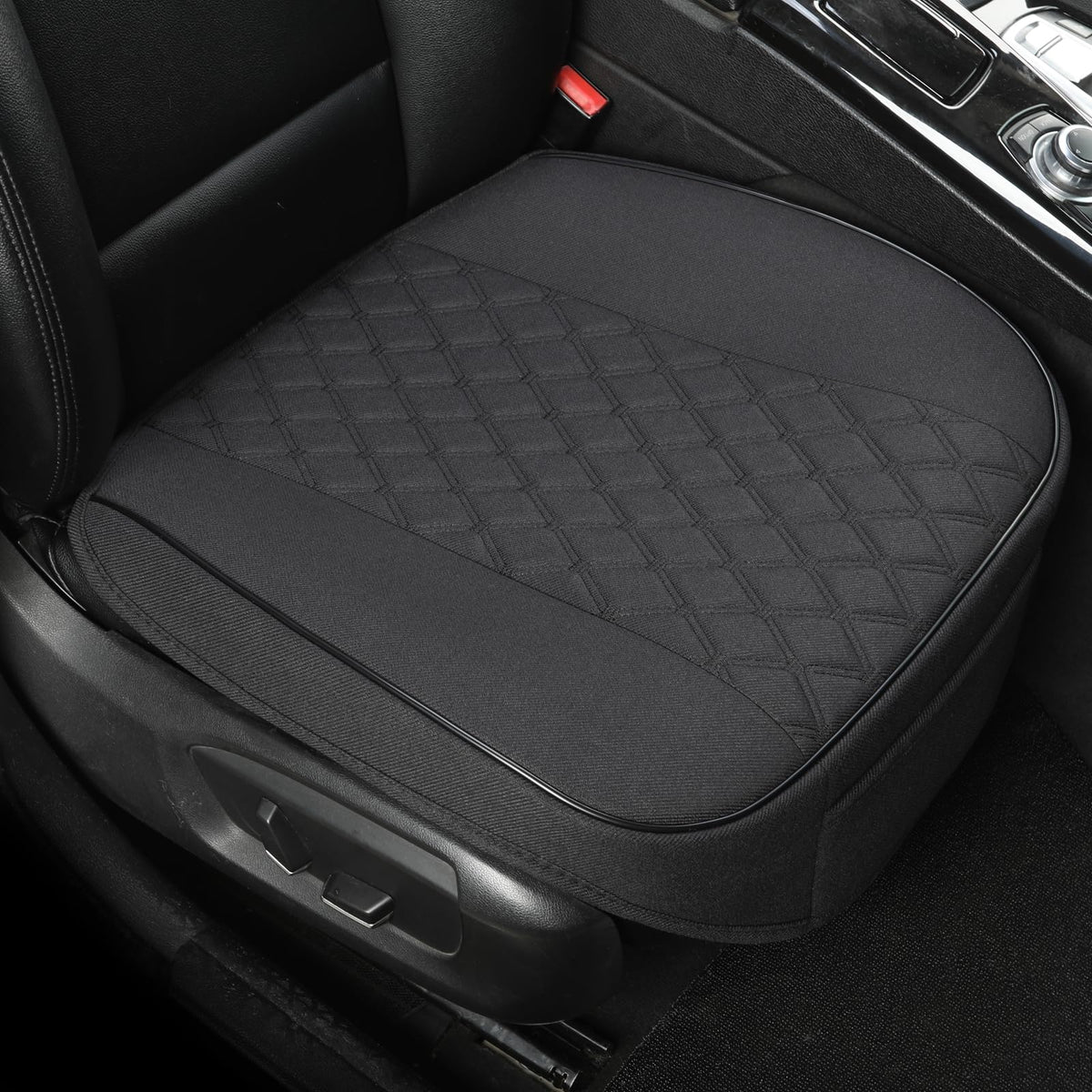 West Llama front seat cover front view showing neat fit and protection