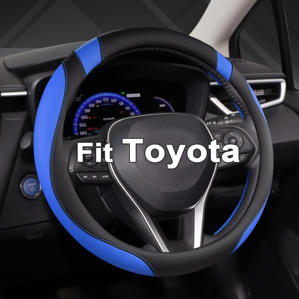 West Llama front view of black and blue steering wheel cover showing sleek look and fit