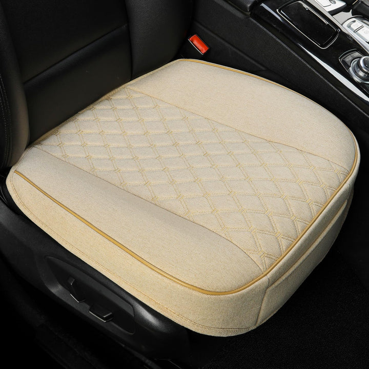 West Llama front seat cover installed showing clean beige look and protection
