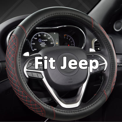 West Llama front view showing full diamond-quilted steering wheel cover and red trim benefit: stylish protection
