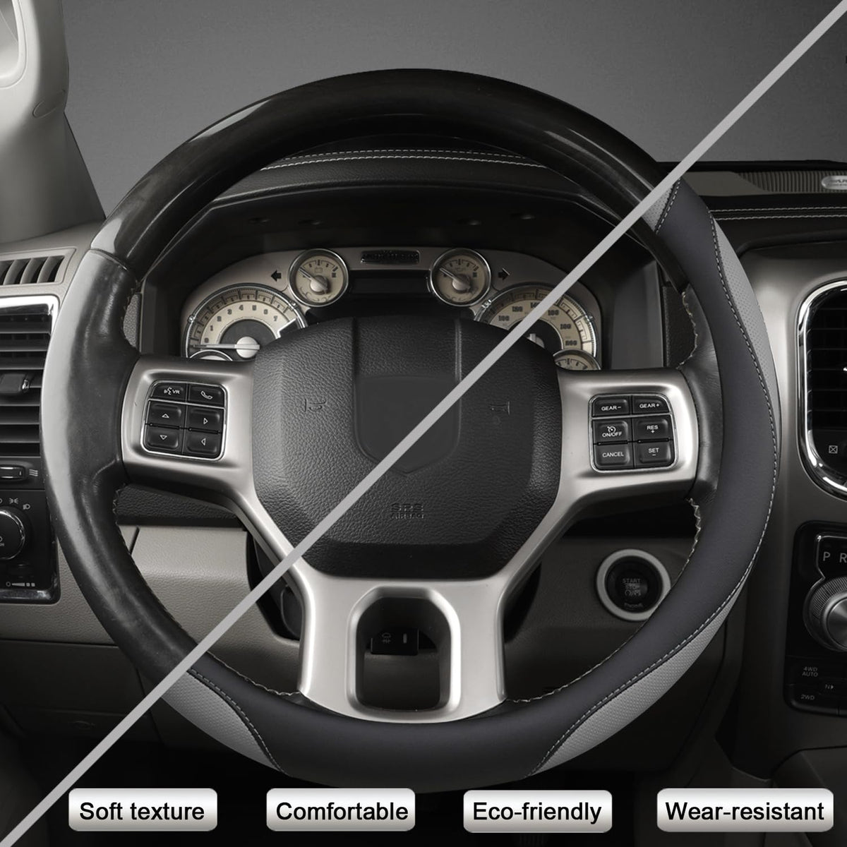 West Llama steering wheel cover next to ruler showing correct 15.5–16 inch fit