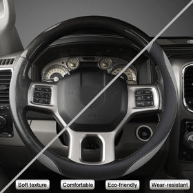 West Llama steering wheel cover next to ruler showing correct 15.5–16 inch fit