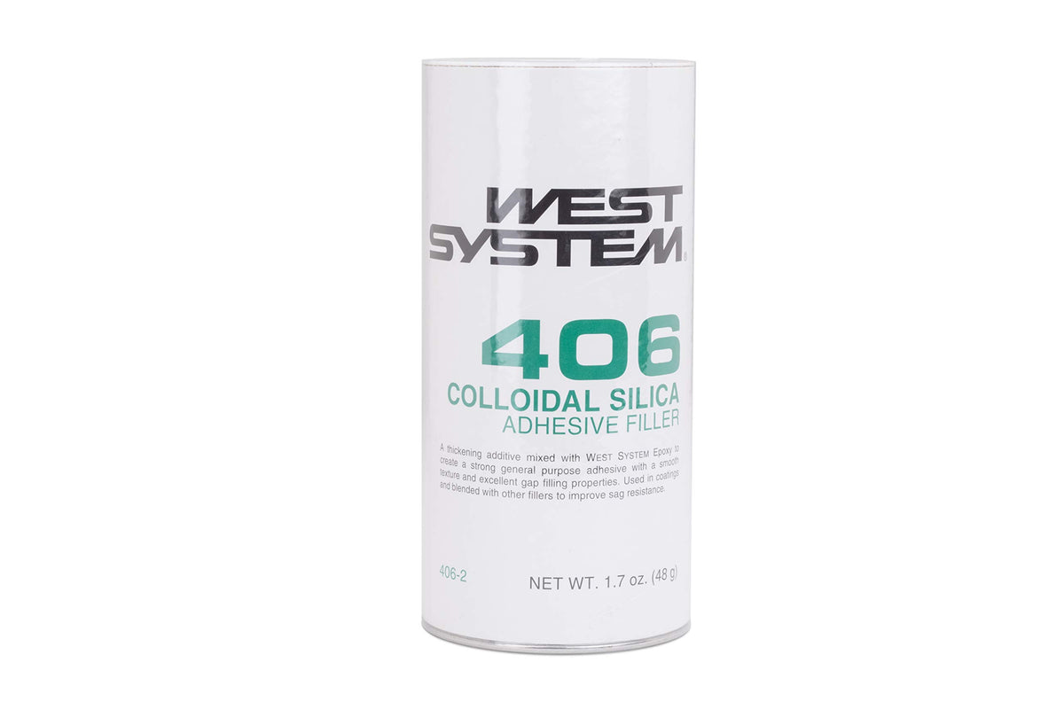 West System 406 bottle close-up showing powder label and thickening benefit