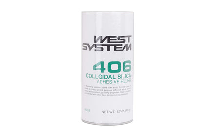 West System 406 bottle close-up showing powder label and thickening benefit