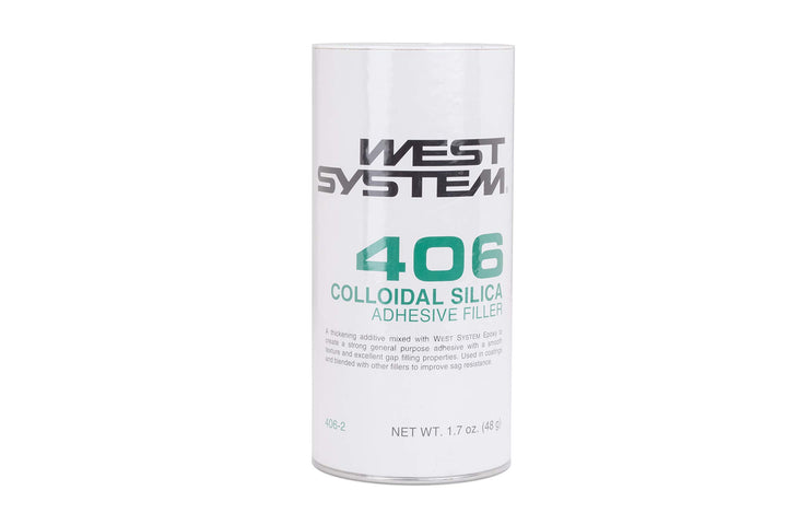 West System 406 bottle close-up showing powder label and thickening benefit