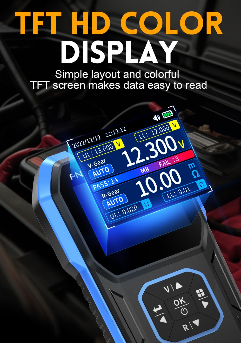 WESTOBiG kelvin clip attached to battery terminal illustrating accurate low-ohm measurement