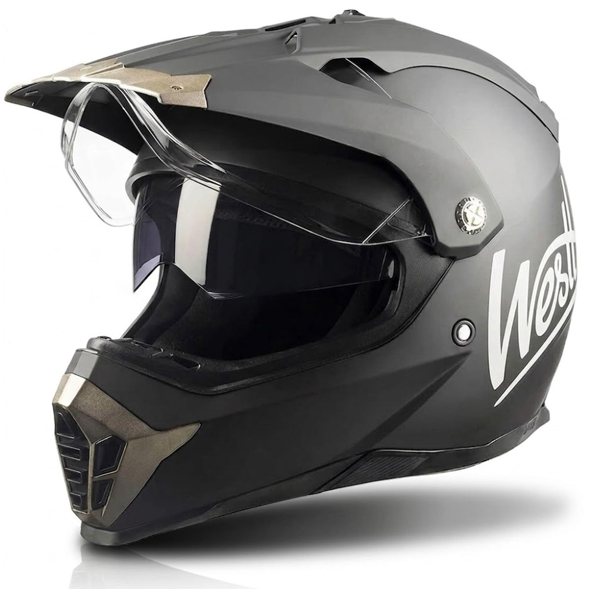 Westt helmet front view showing shell and clear shield, secure protection benefit