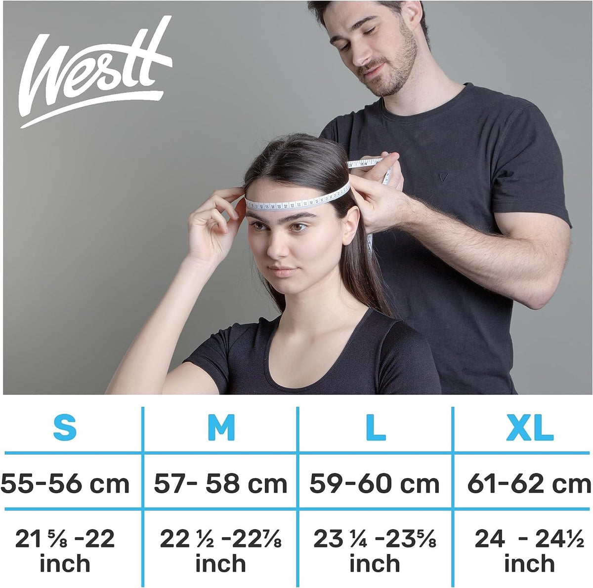 Westt helmet size comparison beside ruler showing scale, fit-selection benefit