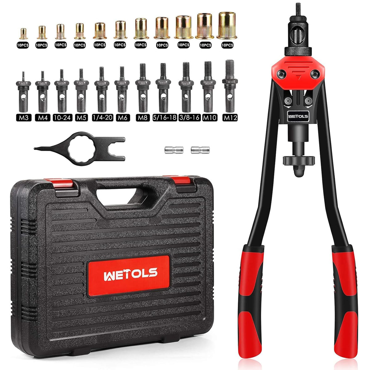 WETOLS front view of rivet nut tool and case showing portability and kit completeness