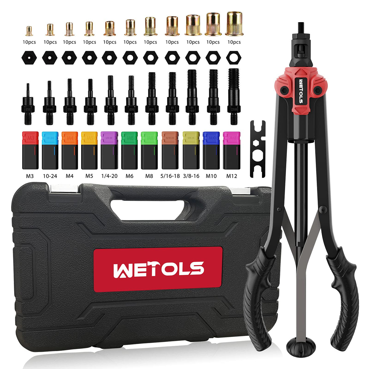 WETOLS front view of assembled rivet nut tool showing sturdy handles and benefit: leverage