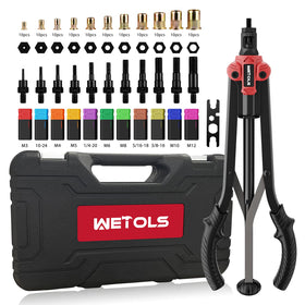 WETOLS front view of assembled rivet nut tool showing sturdy handles and benefit: leverage
