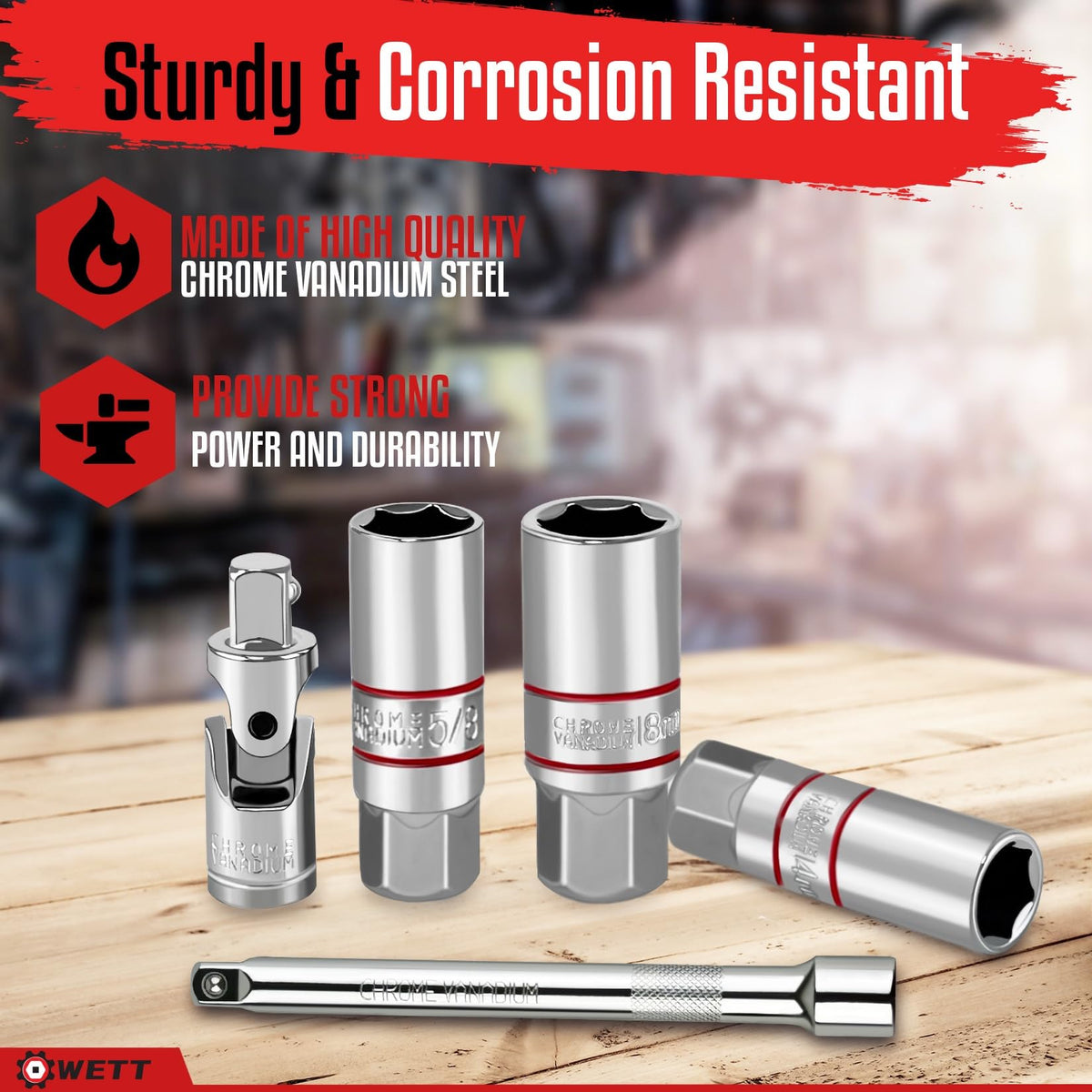 WETT extension bars and universal joint arranged to show extended reach for recessed plugs