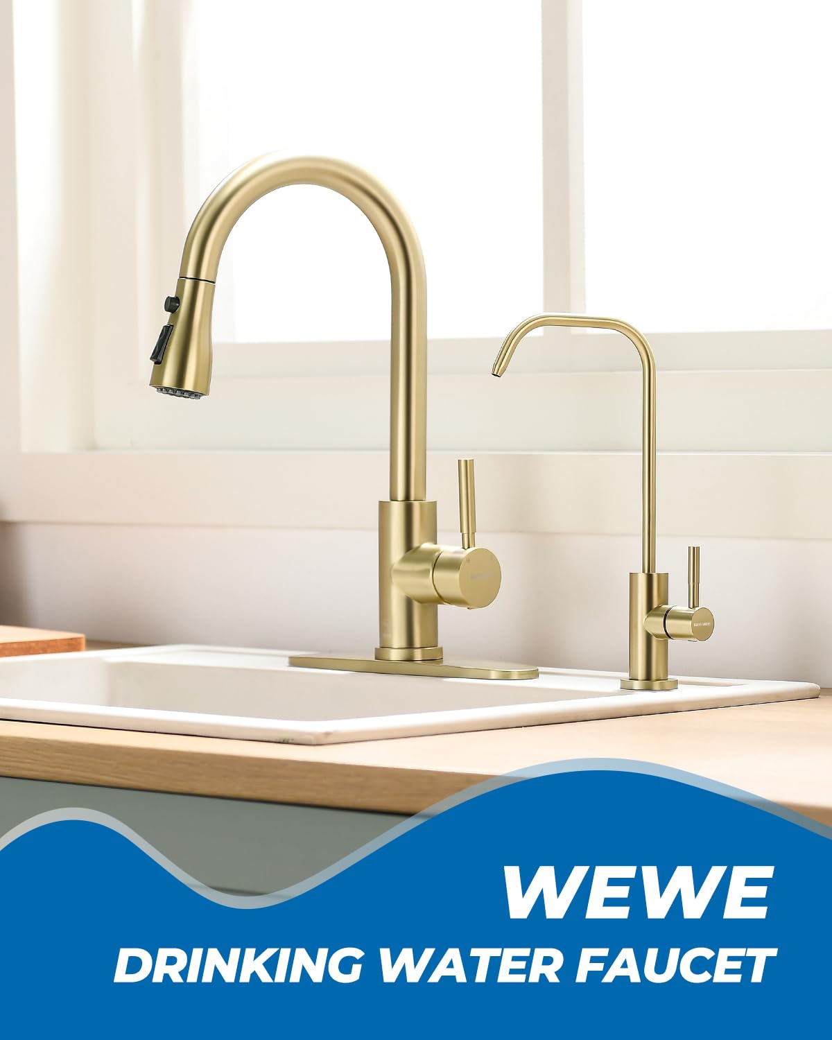 WEWE faucet close-up of spout revealing stainless flow path for safer water