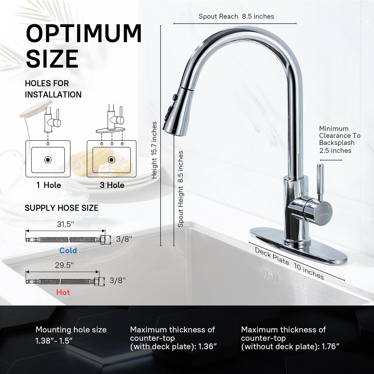 WEWE high-arc spout in chrome demonstrating clearance for tall pots