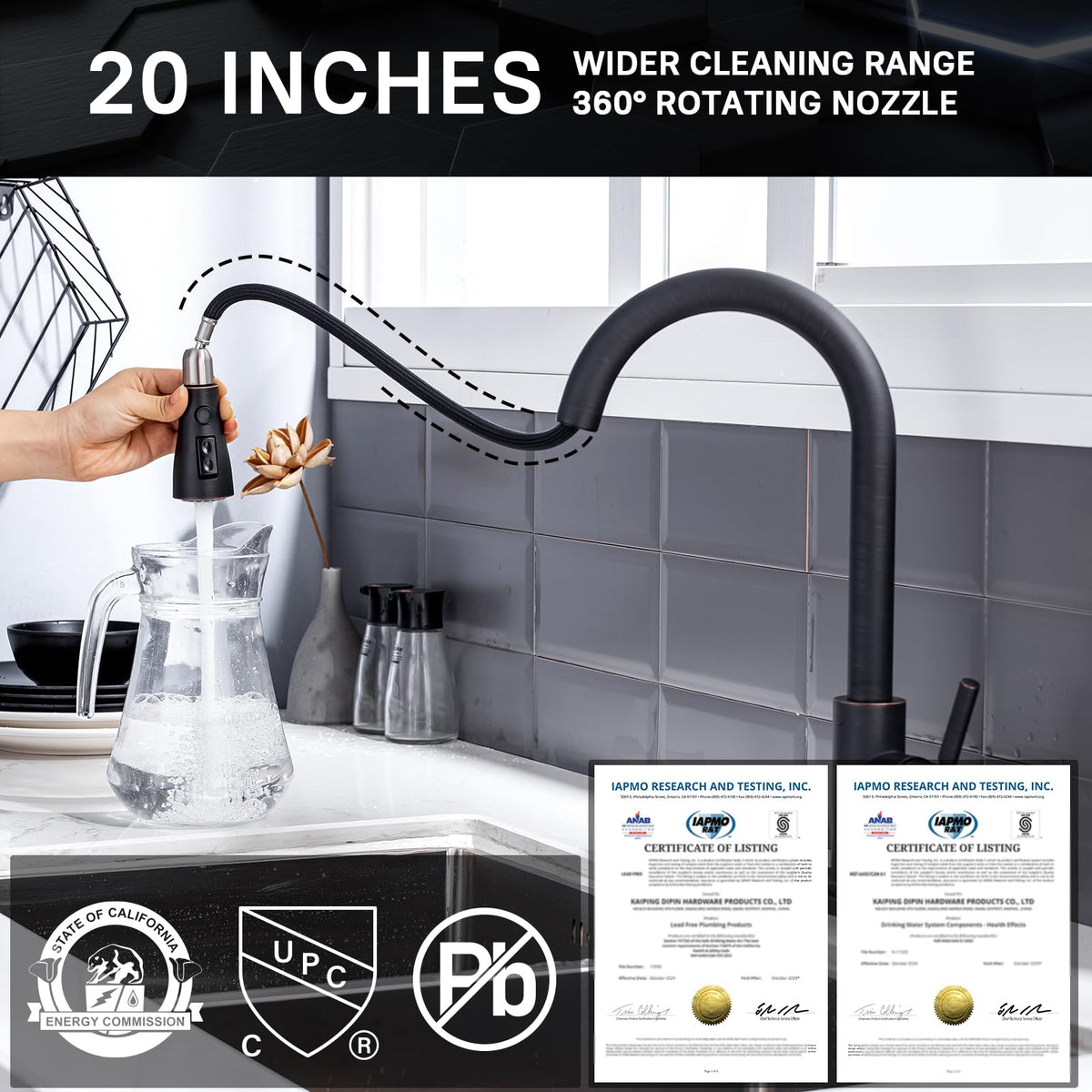 WEWE extended pull-down hose showing 24-inch reach for washing large pots