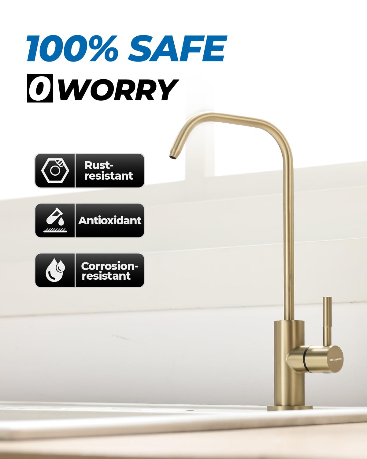WEWE faucet beside cup to show compact size and space-saving advantage