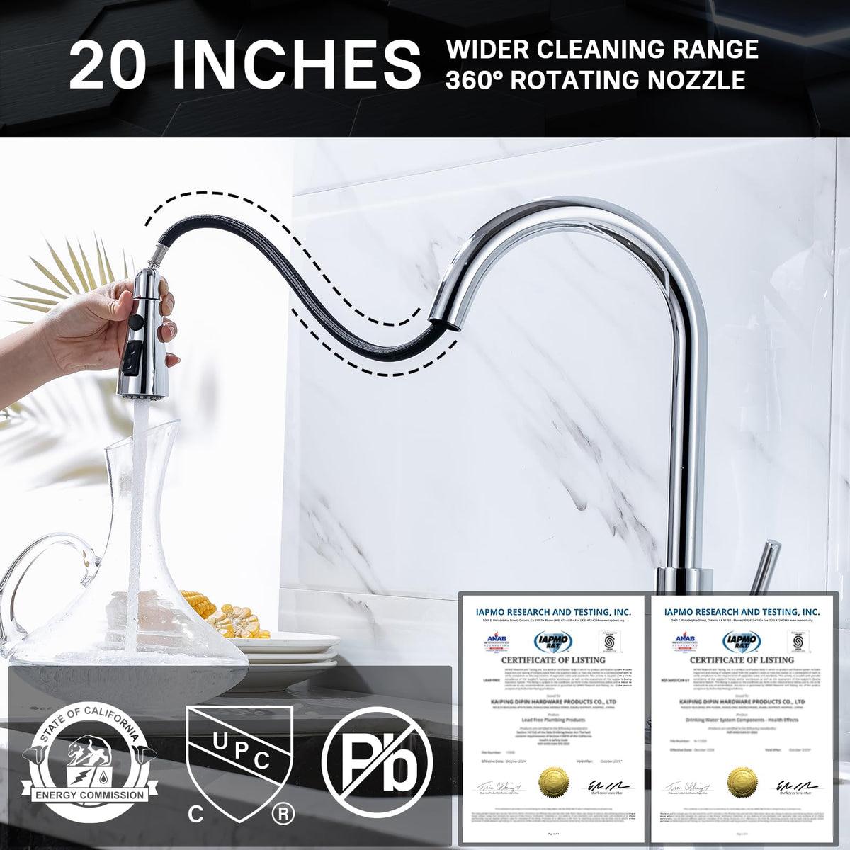WEWE 3-mode sprayer head close-up showing silicone nozzles for limescale resistance
