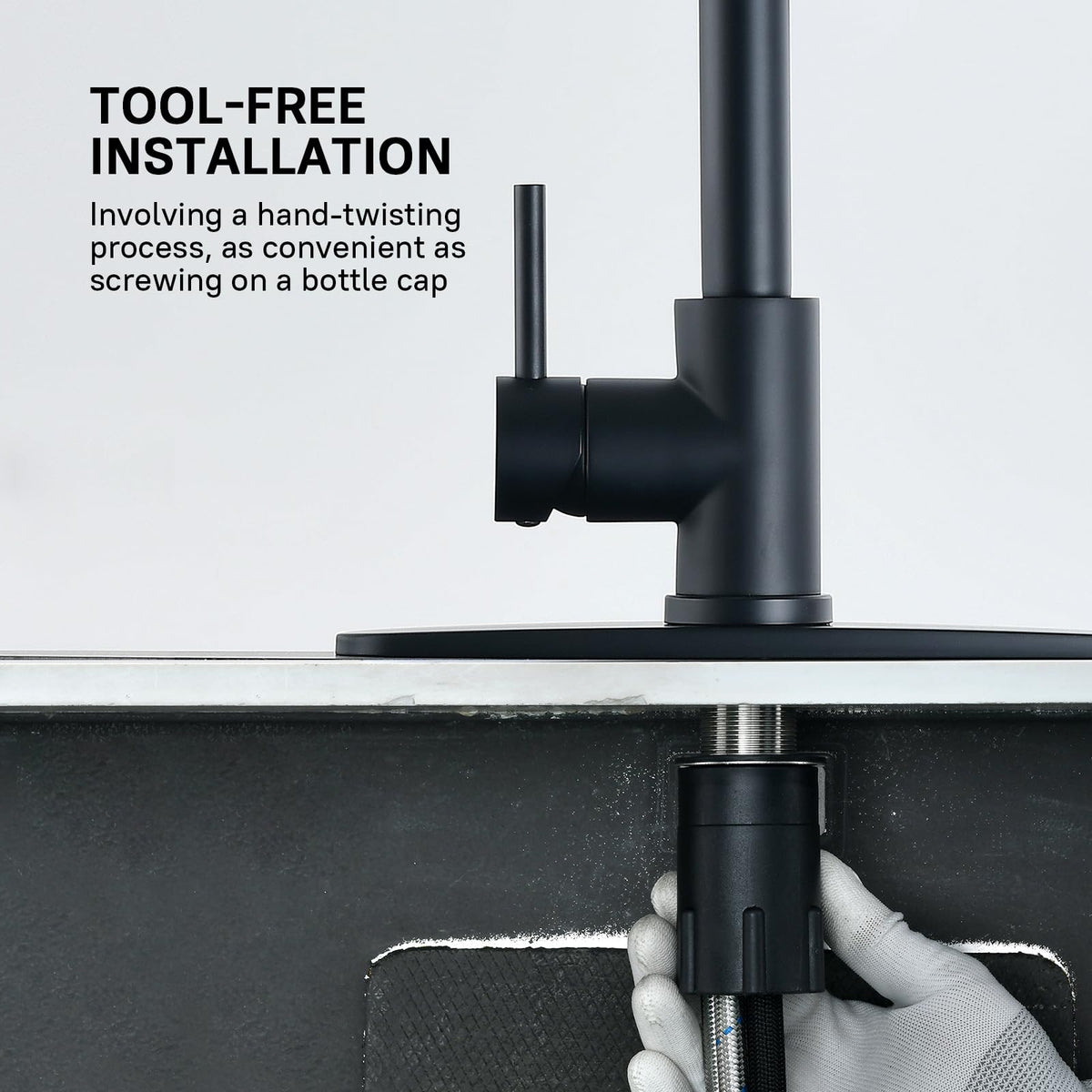 WEWE high-arc swivel demonstrating 360-degree rotation benefit: easier corner access