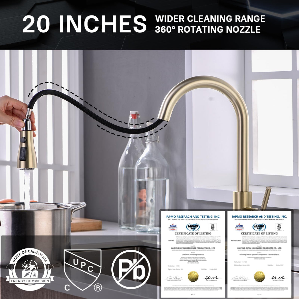 WEWE pull-down hose extended across sink demonstrates 20-inch reach benefit