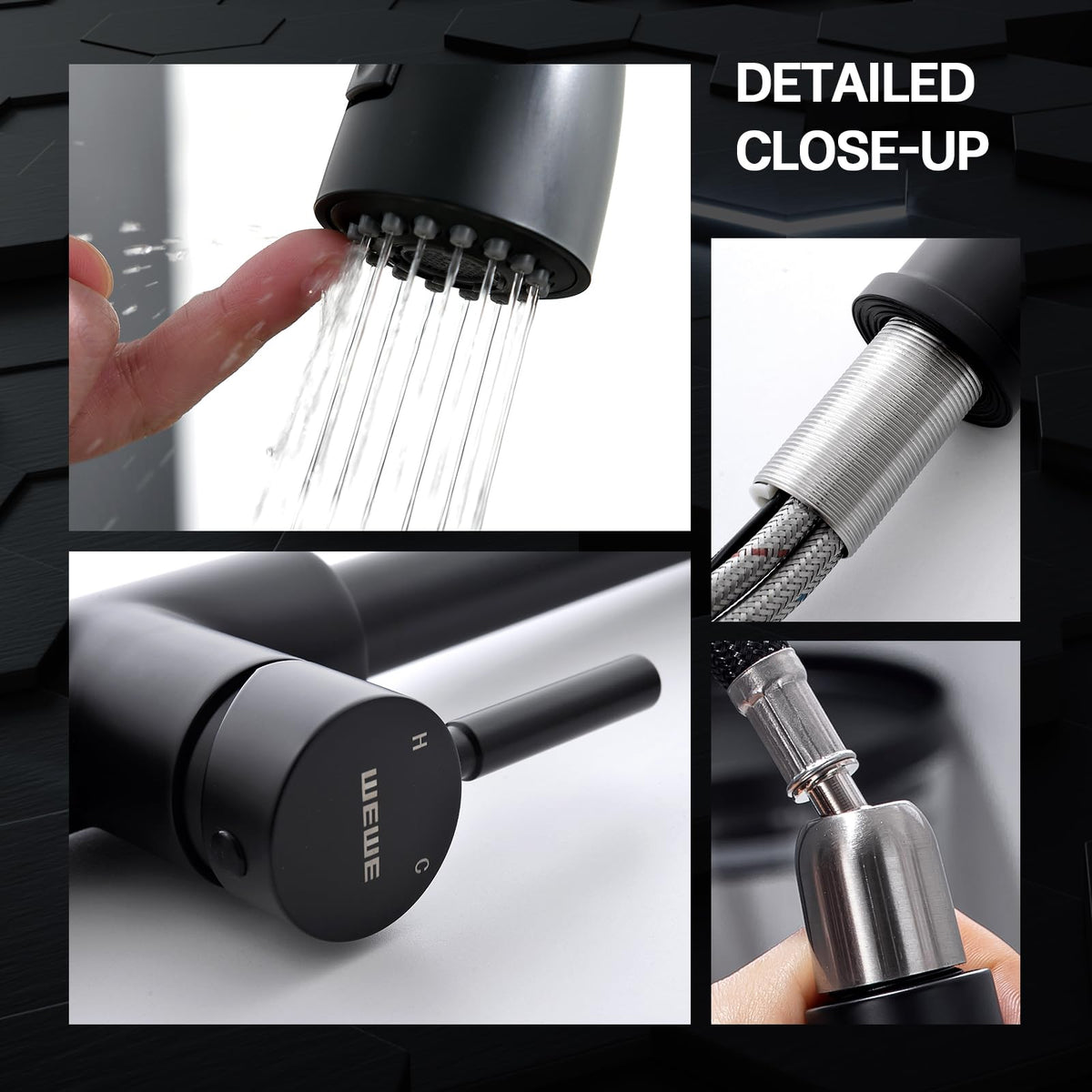WEWE pull-down hose retracted to spout showing gravity-ball return benefit: tidy reset after use