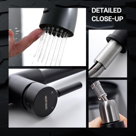 WEWE pull-down hose retracted to spout showing gravity-ball return benefit: tidy reset after use