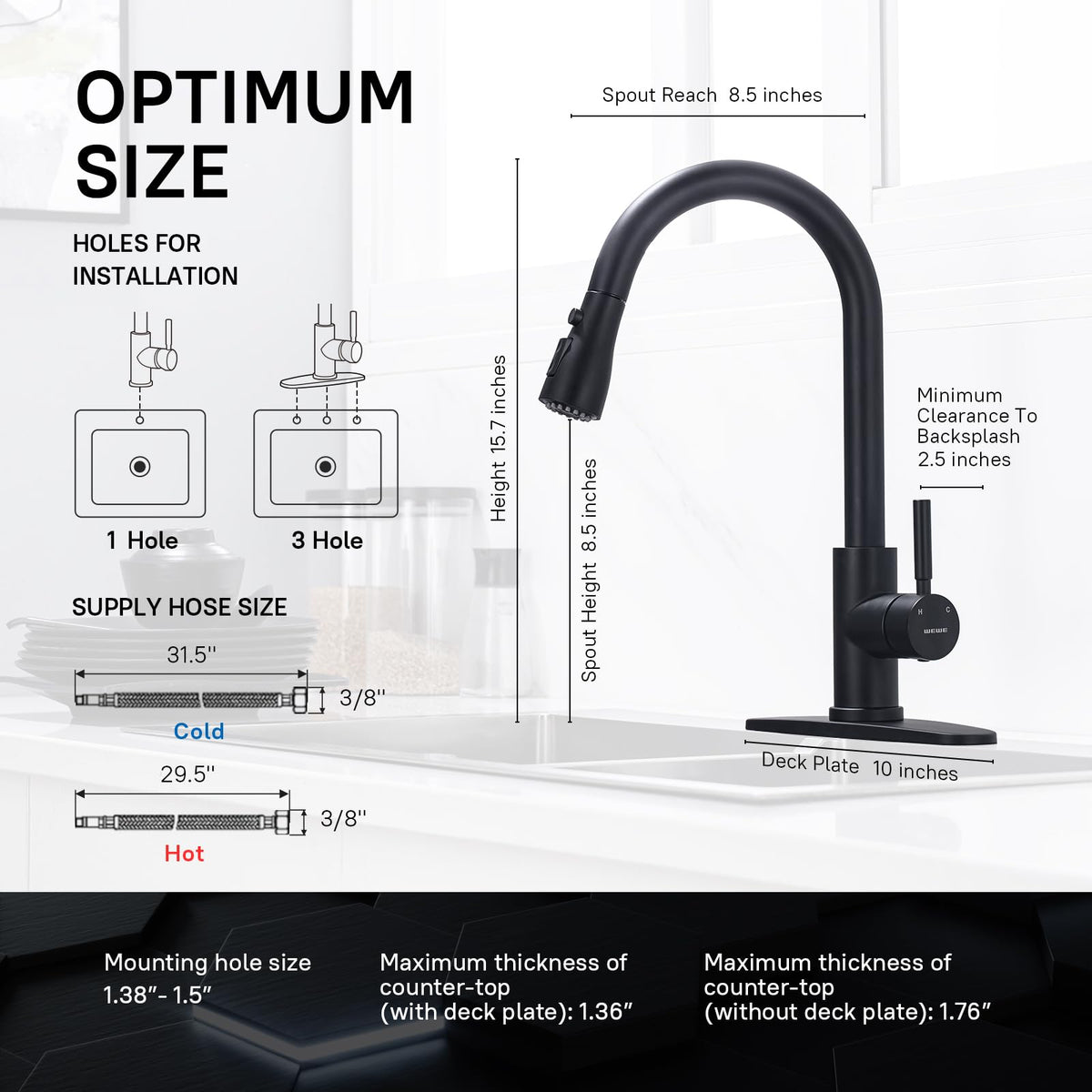 WEWE pull-down sprayer in use rinsing dishes benefit: flexible reach for deep pots